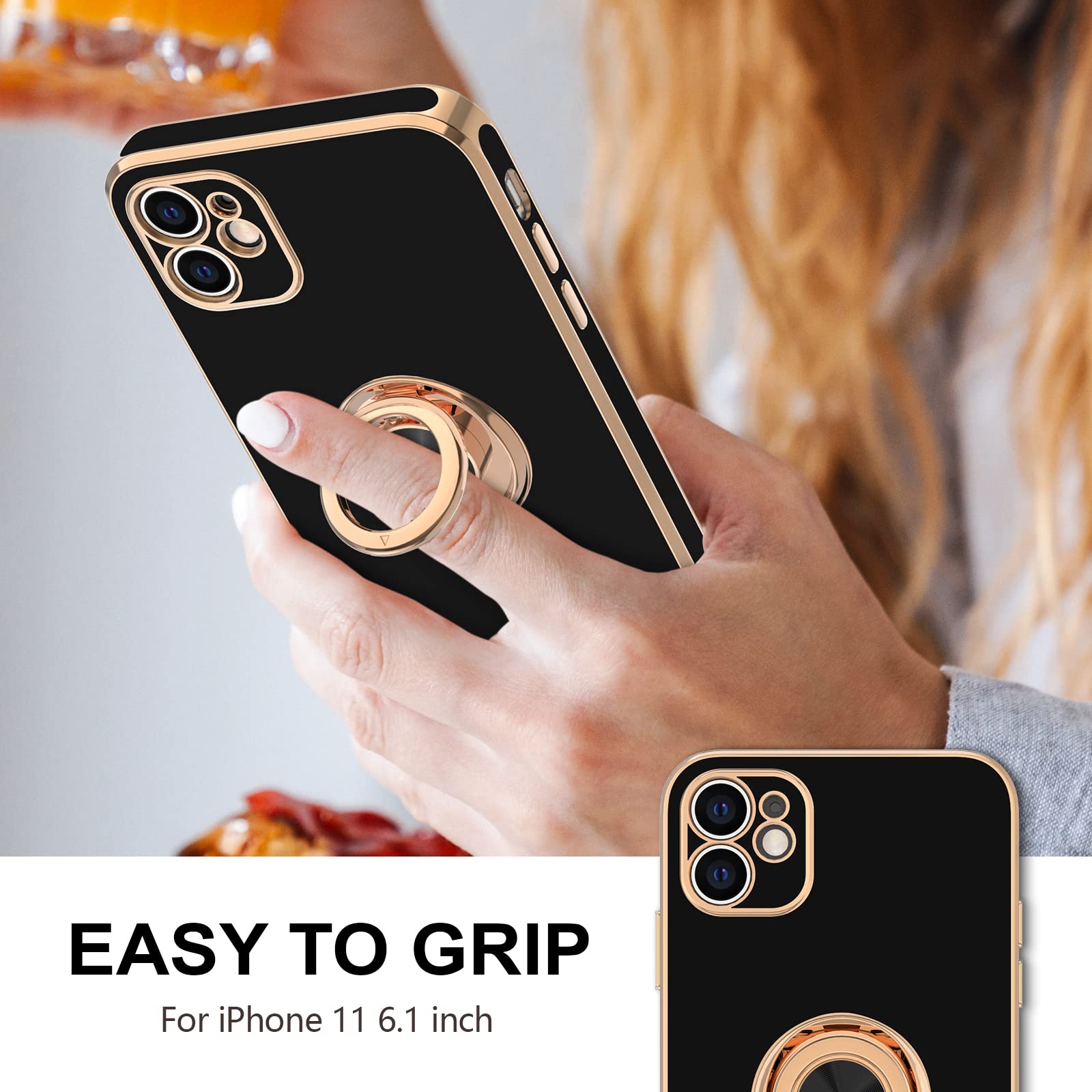Hython Magnetic Ring Stand Case for iPhone 11 - 360° Rotatable Kickstand with Rose Gold Edge | Slim Soft TPU Protective Phone Cover for Women & Men (Black) | Perfect for Hands-Free Viewing, Video Calls & Secure Grip