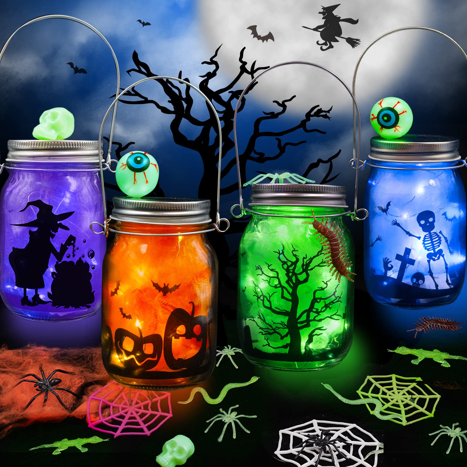 Halloween Craft Kit for Kids - DIY Lantern Jar with 4 Glass Mason Jars & Accessories - Halloween Party Supplies for Art Activities, Classroom Projects & Spooky Decorations