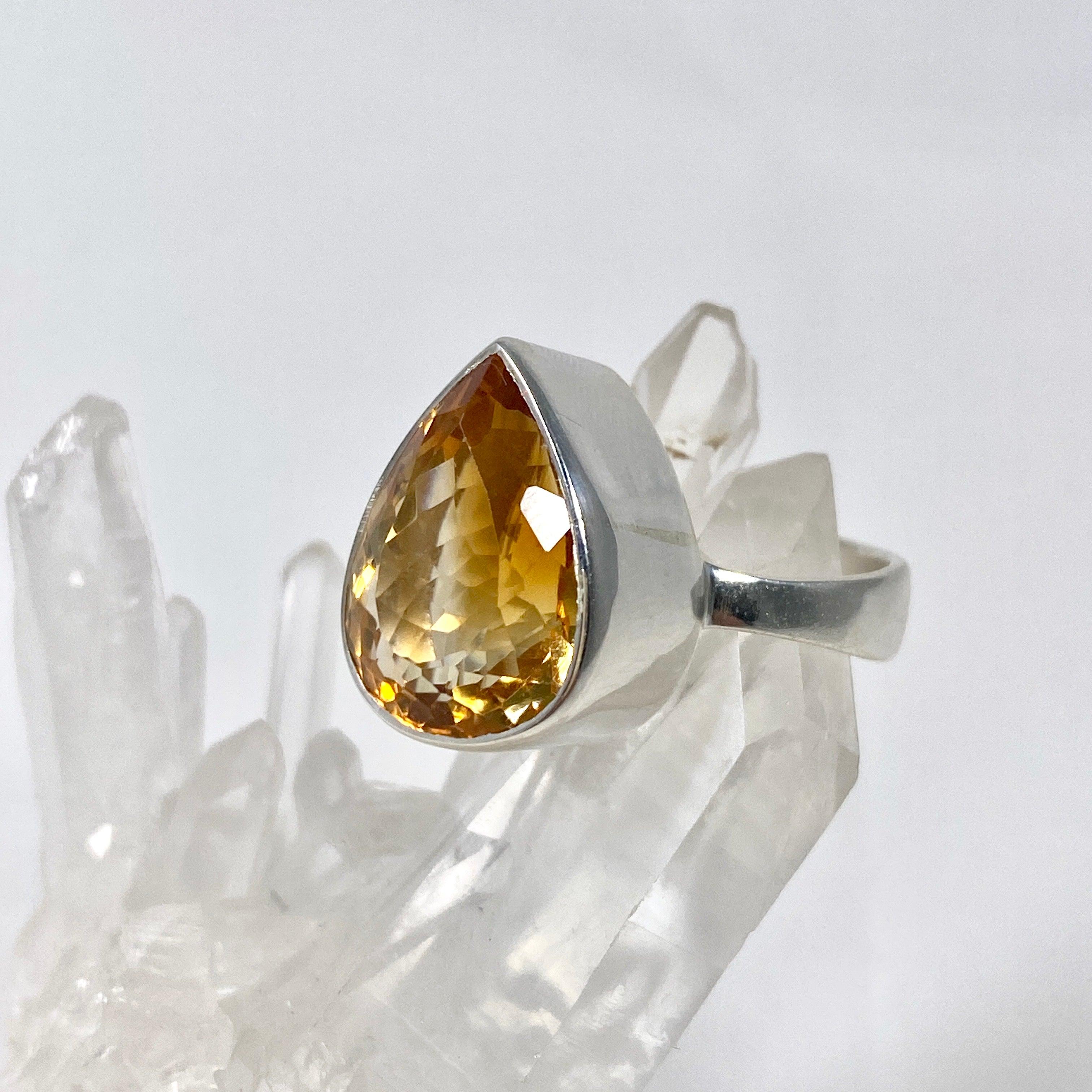 Natural Citrine Faceted Teardrop Ring - Size 10 - KRGJ2838 - Elegant Jewelry for Women, Perfect for Weddings, Parties & Everyday Wear