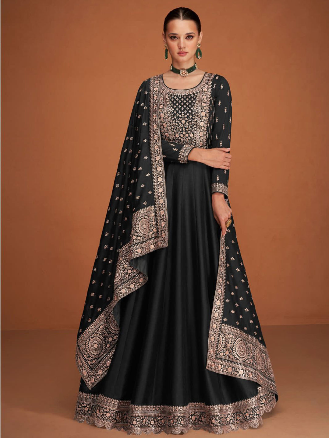 Elegant Black Embroidered Semi-Stitched Anarkali Designer Dress for Women | Party Wear, Wedding Guest Outfit, Festive Occasions
