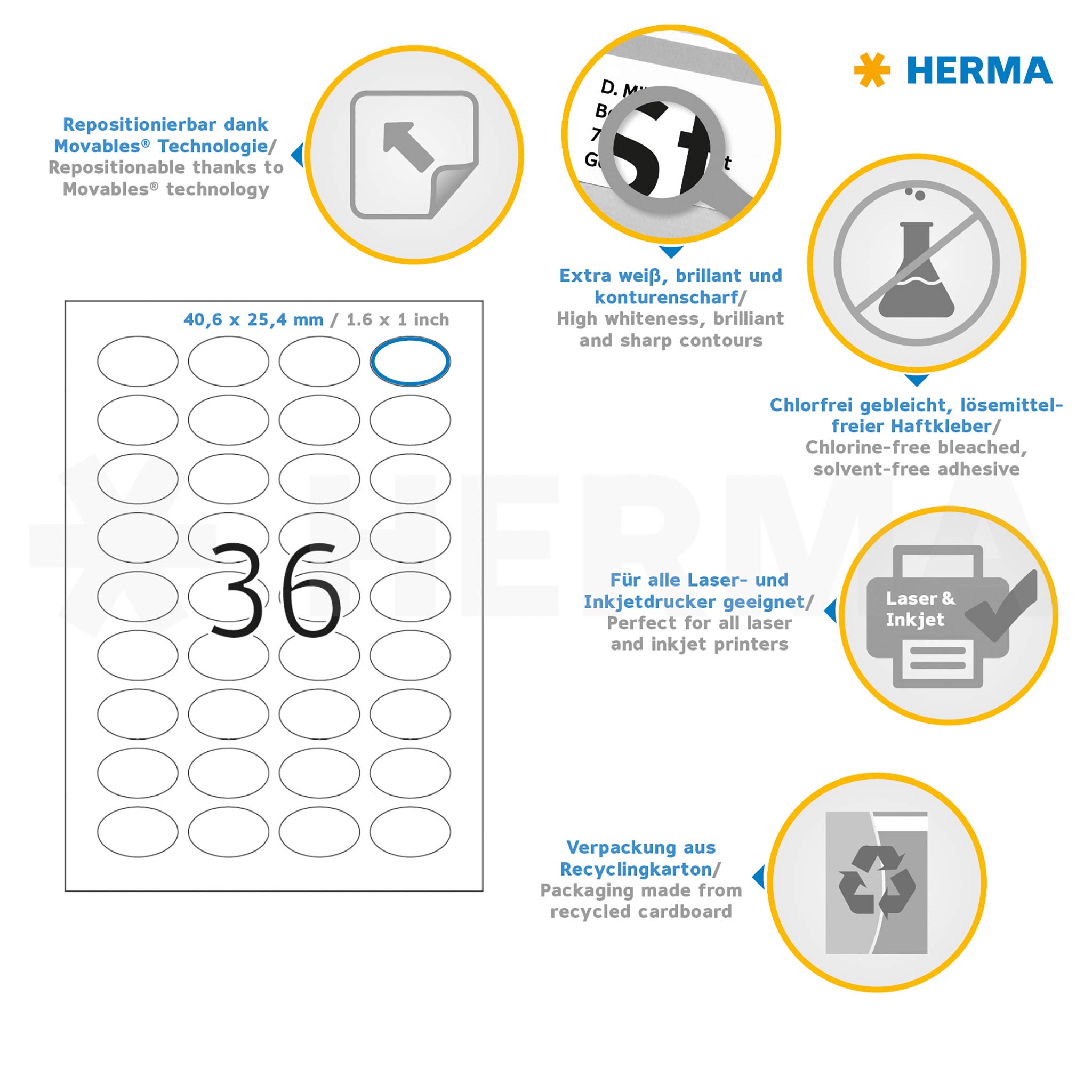 HERMA 4380 Removable Oval Labels - 900 Self-Adhesive Blank Stickers (40.6x25.4mm), 36 Labels per A4 Sheet, 25 Sheets - Compatible with Laser & Inkjet Printers - Perfect for Organizing, Mailing, Filing & Craft Projects - White Multipurpose Labels