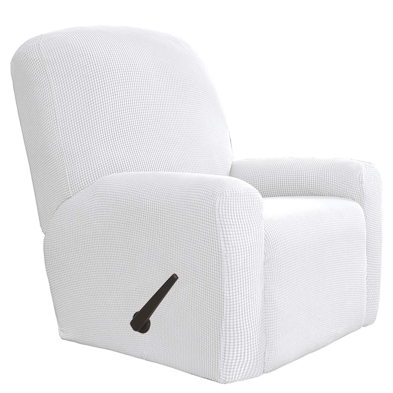 4-Piece Oversized Recliner Stretch Sofa Slipcover - Soft Polyester Spandex Jacquard Fabric with Elastic Bottom - Snow White Checkered Pattern - X-Large Furniture Protector for Living Room, Family Room & Home Theater