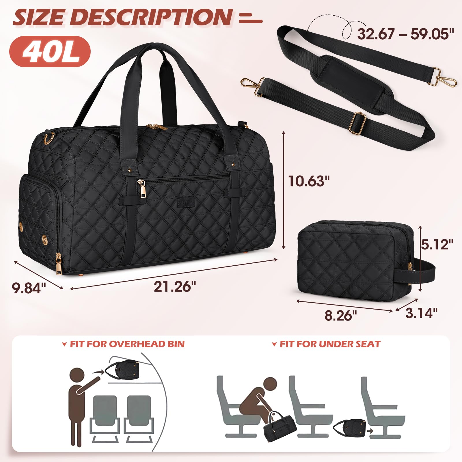 SDYSM Women's Waterproof Gym Bag with Shoe Compartment & Wet Pocket - Duffle Travel Bag for Sports, Yoga, Workout - Perfect for Gym, Travel & Weekend Getaways (Black)