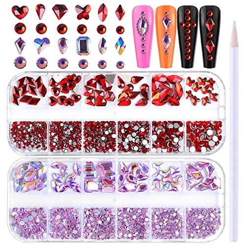 WOKOTO 2 Box Flatback Nail Gems Set - 1000+ Ruby Red & Pink Rhinestones for Nail Art | Round & Mixed Shape Acrylic Nail Decorations | Perfect for DIY Manicures, Salon Nails & Wedding Nail Designs