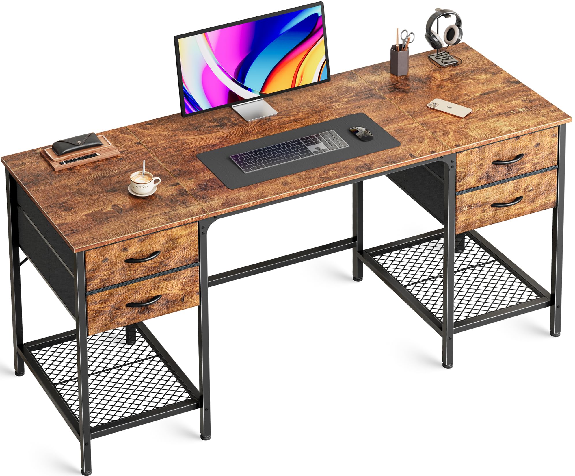 Huuger 55 Inch Computer Desk with 4 Drawers & Mesh Shelf - Large Rustic Brown Office Desk for Home, Gaming, Study & Work from Home - Perfect for Small Spaces & Bedroom Workspaces