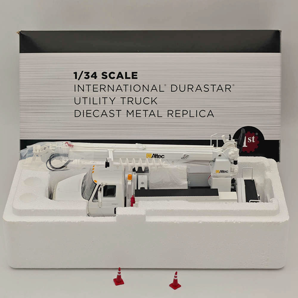 FIRST 1/34 Scale International DuraStar with Utility Digger Derrick Body - White Model 10 4053 | Diecast Truck for Collectors, Construction Enthusiasts & Model Displays