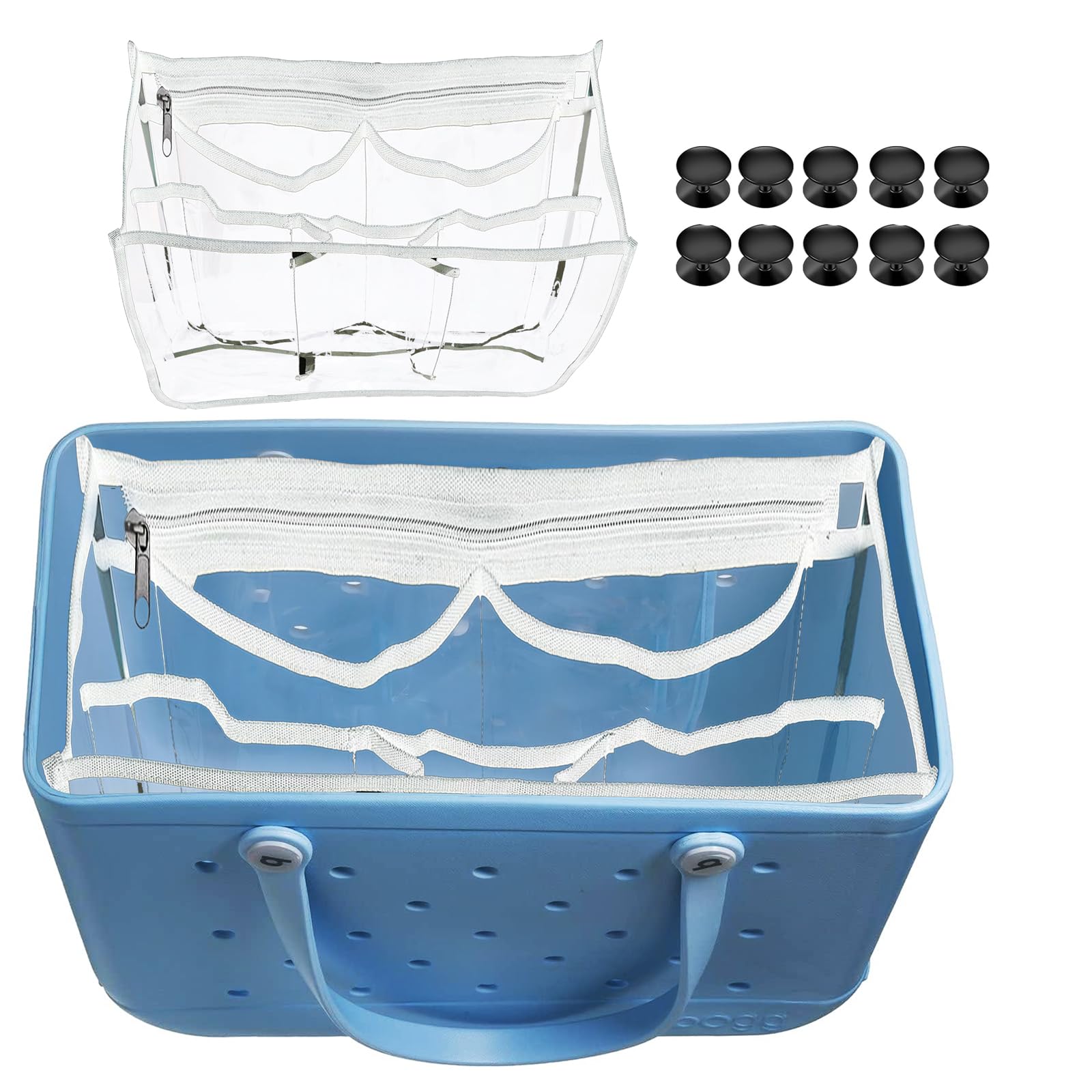 Bogg Bag Organizer Insert Accessories - XL Rubber Beach Bag Organizer with Clear Cup Holder & Divider Charms for Simply Southern Large Totes | Perfect for Beach Trips, Pool Days & Summer Travel (White)