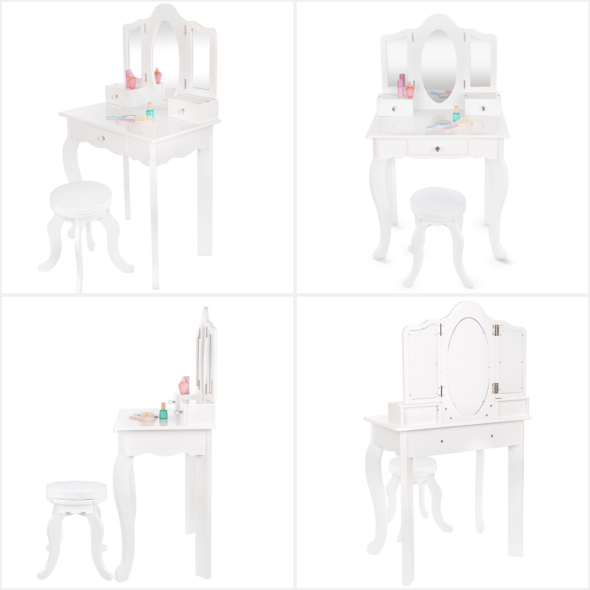 Wooden Kids Vanity Set with Mirror & Accessories - White Makeup Dresser Table with Drawers - Educational Toy for Girls Ages 3-6 Years (GS3302) - Perfect for Pretend Play, Birthday Gifts & Bedroom Decor
