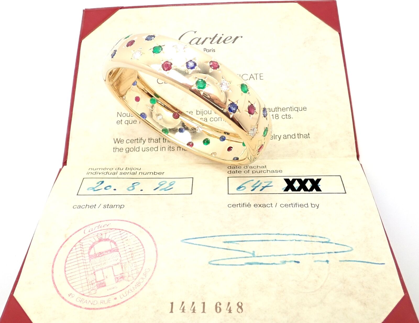 Cartier Star 18k Yellow Gold Diamond Ruby Emerald Sapphire Bangle Bracelet with Certificate - Luxury Jewelry Gift for Women, Anniversary & Special Occasions