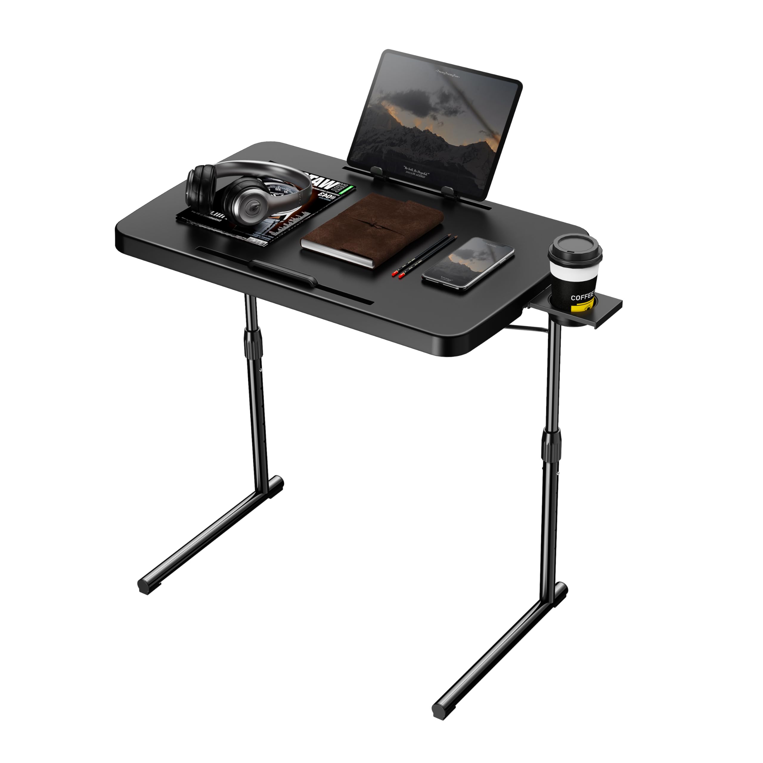 Adjustable Folding TV Tray Table with Book Stand, Cup Holder & Tablet Slot - Portable Laptop Desk for Eating, Working & Reading in Bed or on Couch - Allpop Black TV Dinner Tray for Home, Office & Dorm Use