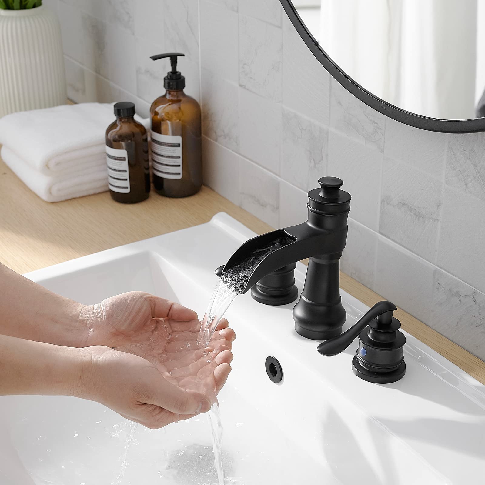 BATHLAVISH Matte Black Widespread Bathroom Faucet Set - 3 Hole 2 Handle Waterfall Farmhouse Sink Faucet with Pop Up Drain Assembly | Modern Vanity Bathroom Upgrade for Home & Hotel Renovation