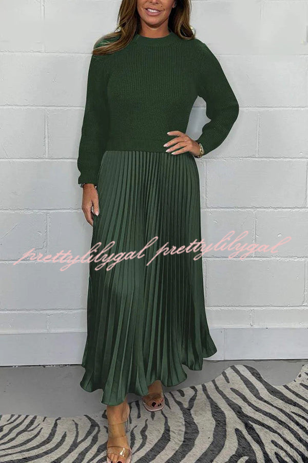 Stylish Knitted Round Neck Long Sleeve Patchwork Pleated Hem Maxi Dress for Women | Elegant Boho Chic Winter Dress | Perfect for Holiday Parties, Date Nights & Casual Outings