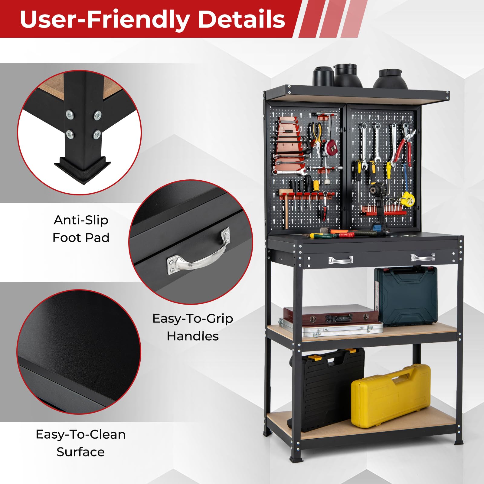 Heavy Duty IRONMAX 32’’ Workbench with Drawers - 14 PC Hanging Kits, 2 Storage Shelves & Long Drawer - Sturdy Workstation Organizer for Garage, Home Workshop, Auto Repair & DIY Projects