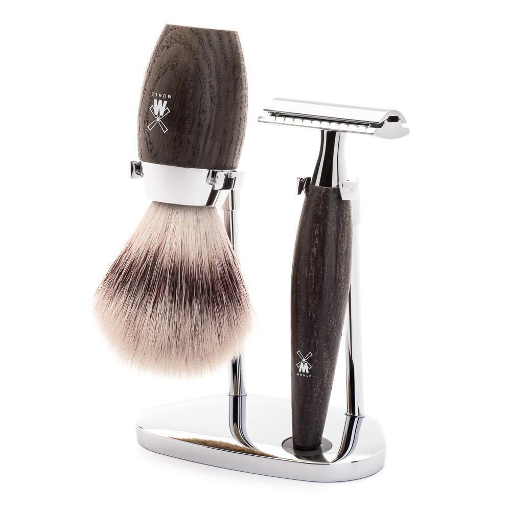Premium MÜHLE KOSMO 3-Piece Safety Razor Set with Bog Oak Handle & Silvertip Fibre Brush - Luxury Wet Shaving Kit for Men, Perfect Gift for Father's Day & Special Occasions