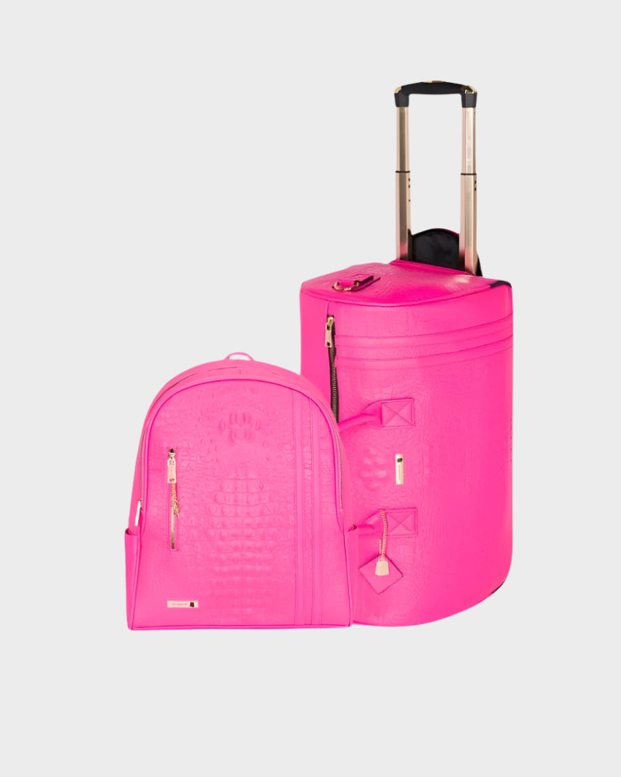 **Apollo 2-in-1 Backpack & Rolling Duffle Bag Set - Neon Pink | Lightweight Travel Luggage for Gym, School & Weekend Trips**