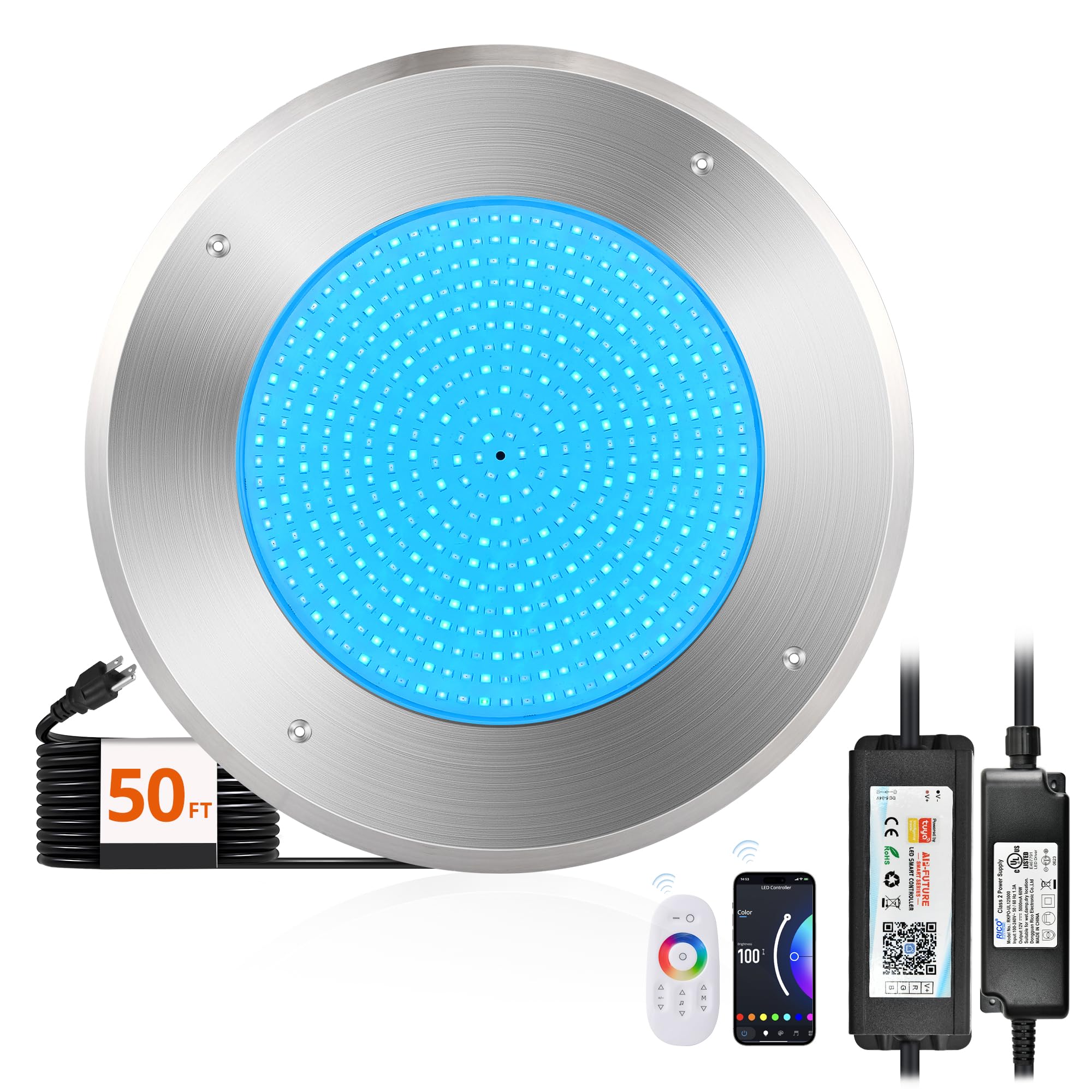 LEDIARY 120V 54W RGB Multicolor Underwater Pool Light with 50FT Cord - IP68 Waterproof LED Swimming Pool Light for Inground Pools (Includes Transformer) - Perfect for Night Swimming, Pool Parties & Backyard Decor