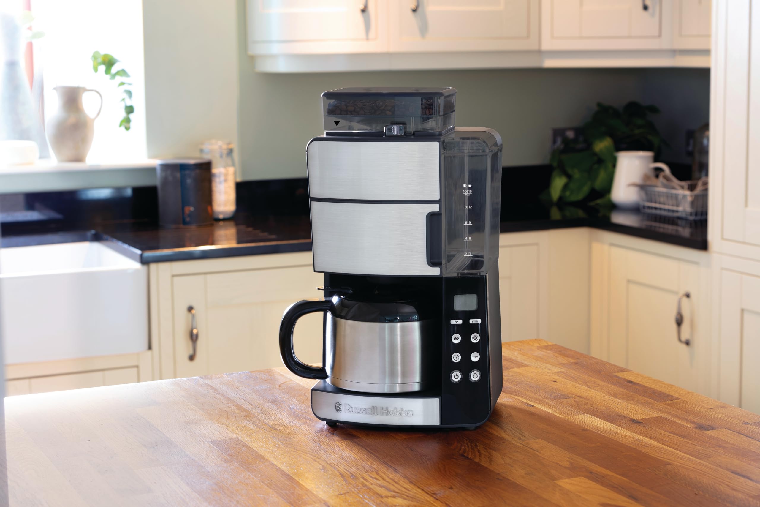 Russell Hobbs American Coffee Maker with Built-in Grinder - Digital Timer, Optimal Extraction & Aroma Filter - Thermal Carafe (10 Cups Max, 3 Grind Levels, Grind & Brew 25620-56) - Perfect for Home, Office, or Entertaining Guests