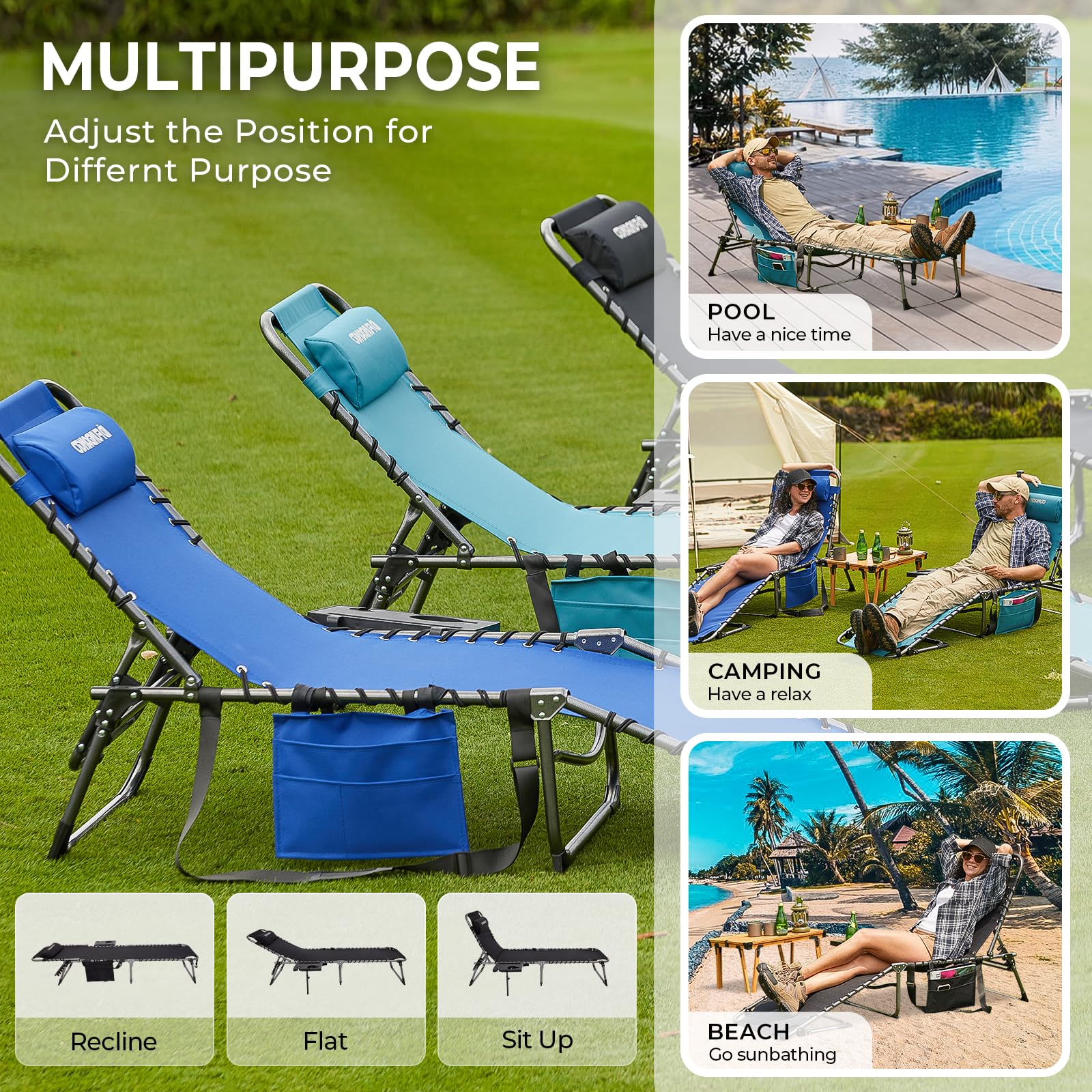 FUNDANGO Folding Chaise Lounge Chair with Soft Cushion & Side Table - 5-Position Adjustable Outdoor Recliner for Patio, Beach, Camping - Portable Sunbathing Chair with Pillow - Perfect for Backyard Relaxation, Poolside Lounging and Picnic Comfort