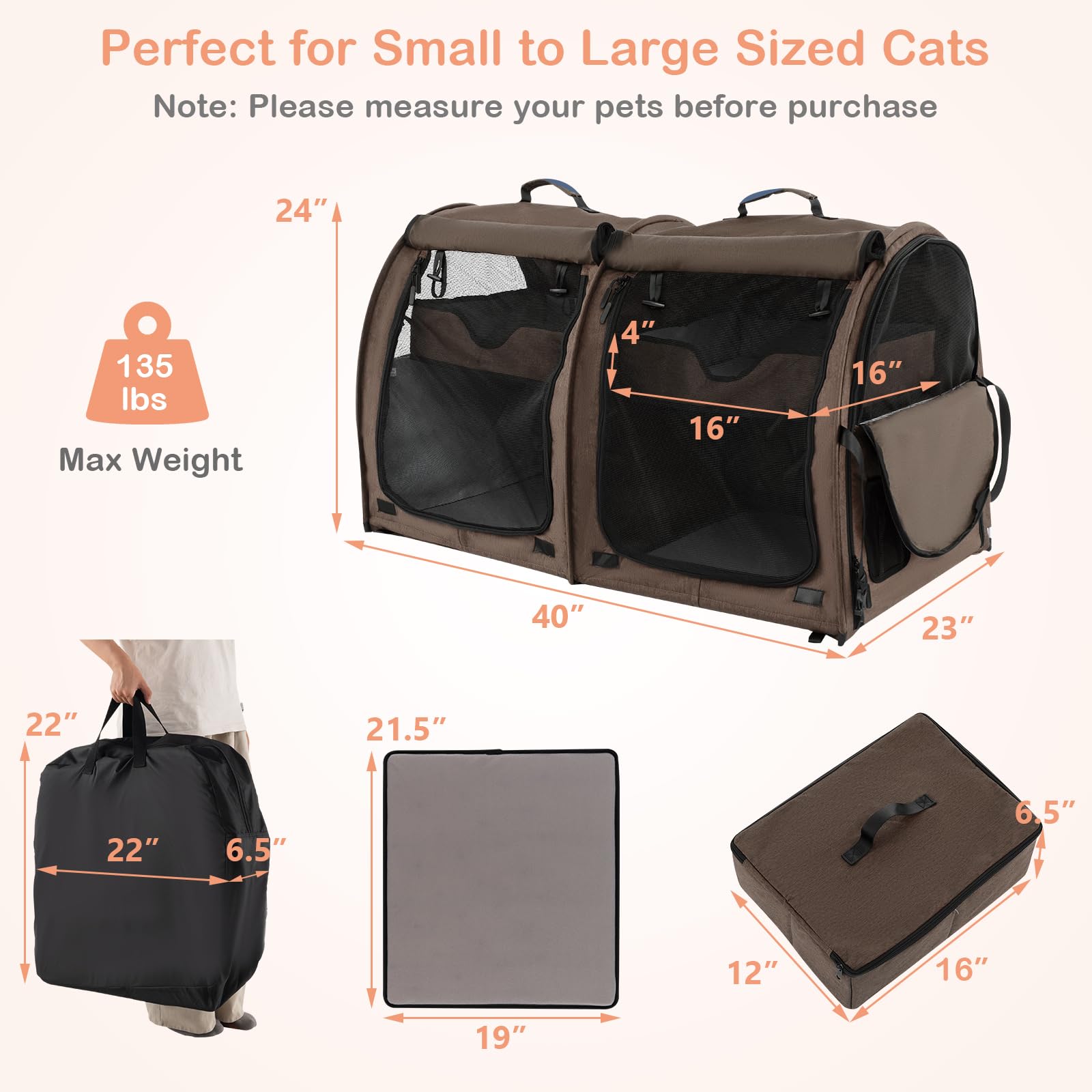 Giantex 40 Inch Large Cat Carrier with Double Compartments - Travel Litter Box Included, 2 Removable Hammocks & Mats - Portable Pet Kennel for Cats & Small Dogs - Comes with Carry Bag - Perfect for Car Trips, Camping & Vet Visits (Brown)