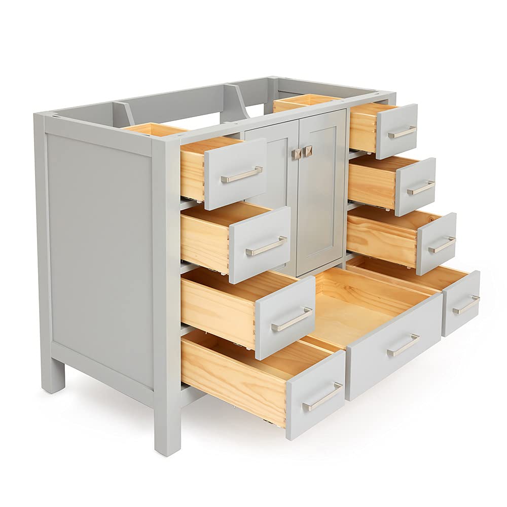 DKB Beckford Series 42 Inch Grey Bathroom Vanity Base Cabinet with Center Sink, 2 Soft Close Doors & 9 Full Extension Dovetail Drawers – Perfect for Modern Bathroom Remodeling and Space-Saving Storage Solutions