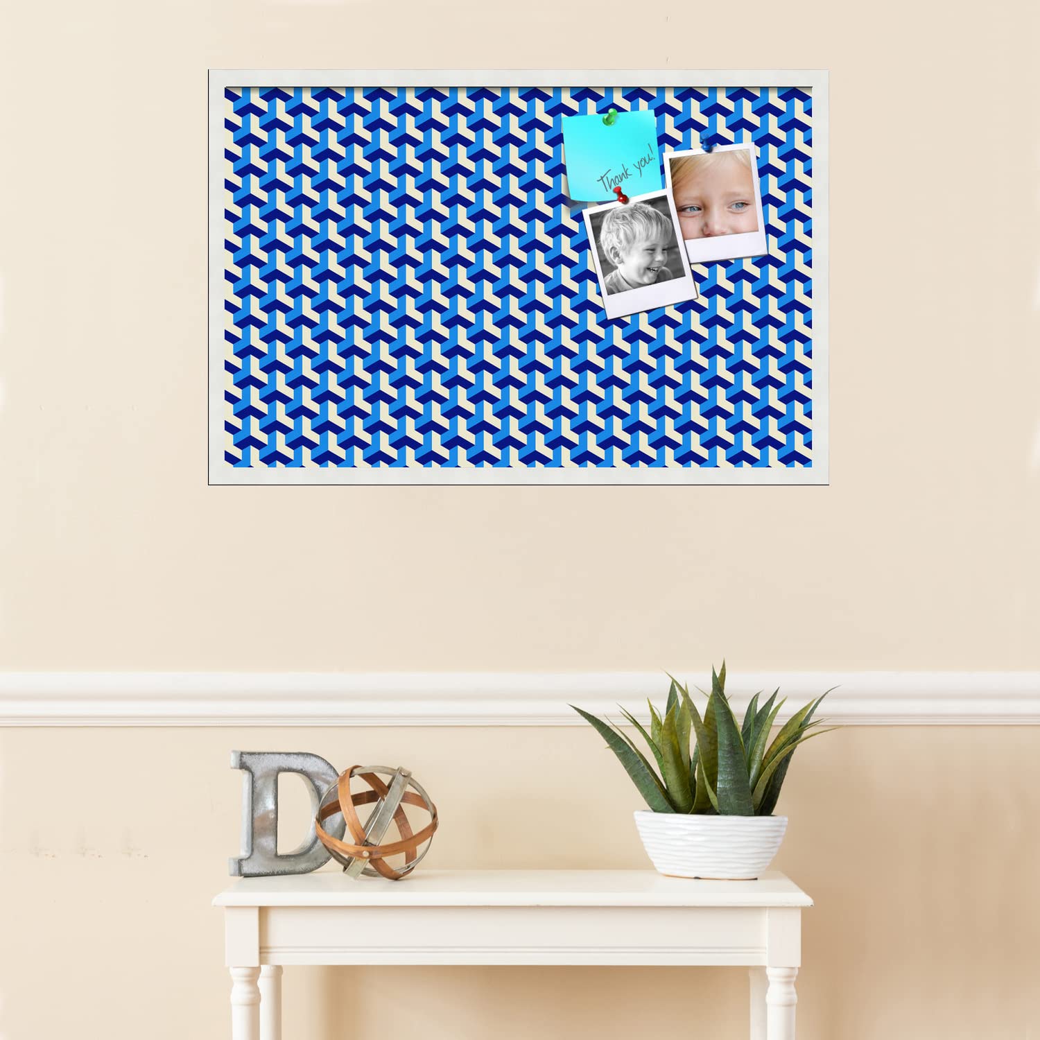 PinPix 34x22 Inch Cork Bulletin Board with BAUS Blue Beige Design & Satin White Frame - Stylish Wall Organizer for Home Office Decor, School Classroom, Dorm Room, or Workspace (PinPix-1532)