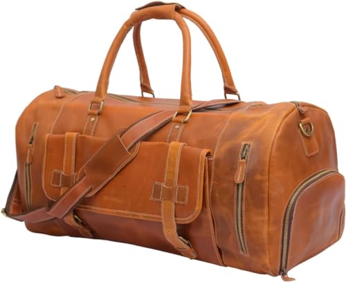 Premium Full Grain Leather Duffel Bag for Men & Women - 30 Inch Large Travel Gym Overnight Weekender Bag (Tan Brown) - Perfect for Business Trips, Gym Workouts & Weekend Getaways