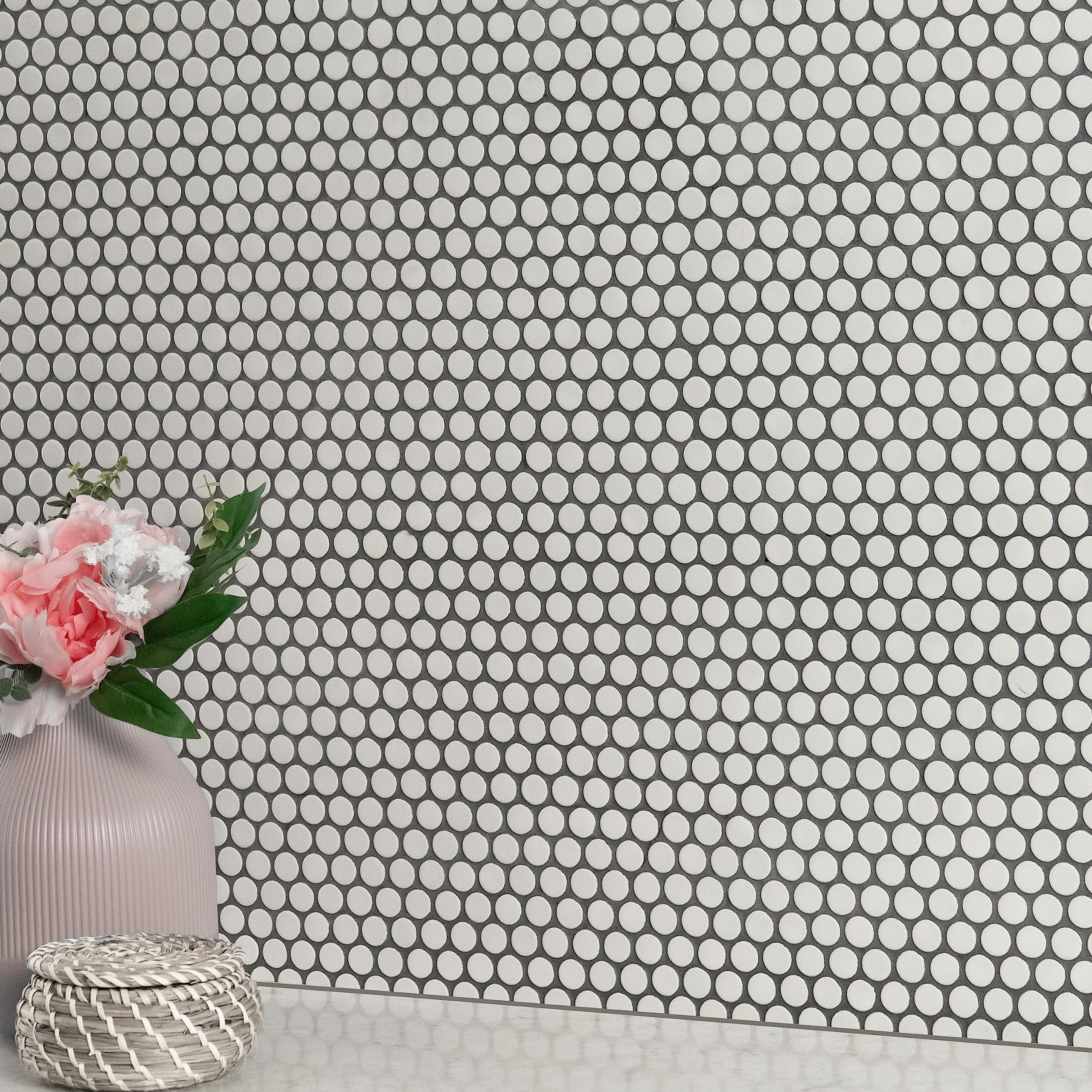 MSI Almond 11.63x11.5 Inch Glossy Porcelain Penny Round Mosaic Tile - Kitchen Backsplash, Bathroom Wall, Shower Floor Tile - Beige Mesh-Mounted Ceramic Tiles for Home Renovation & Commercial Spaces