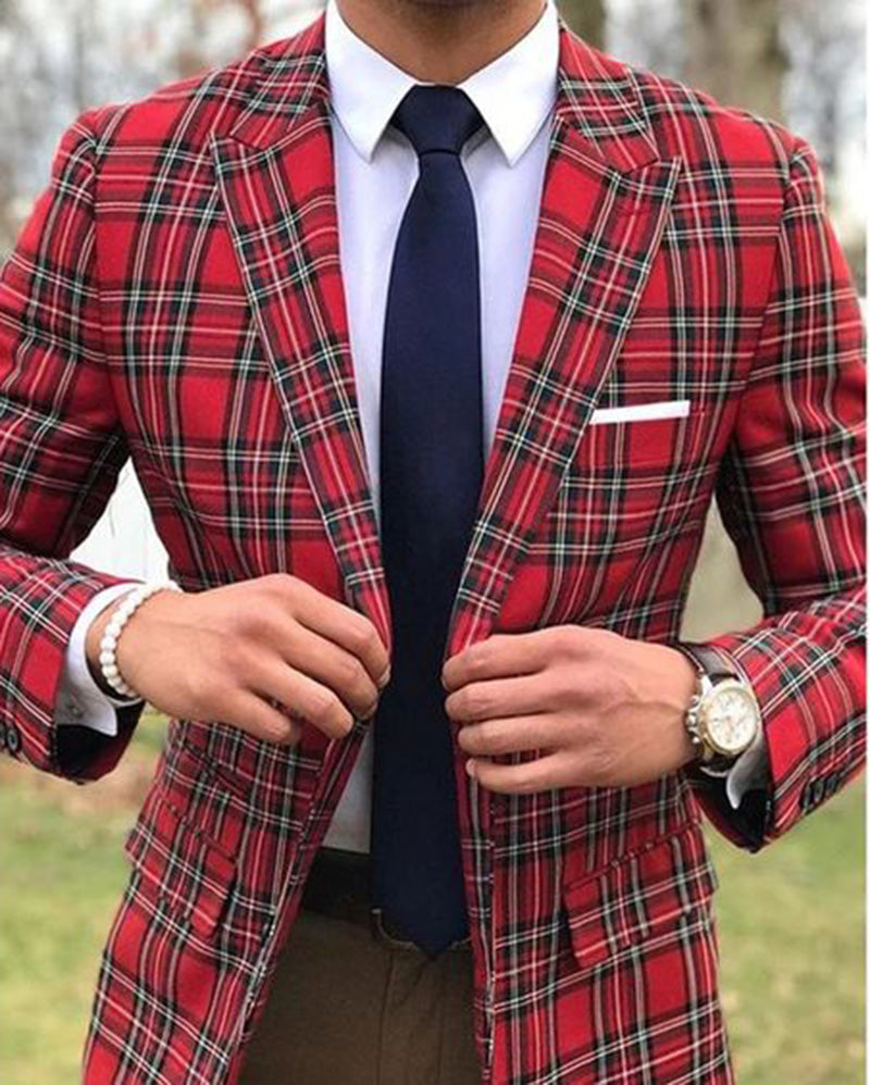 Men's Slim Fit Peak Lapel Checked Plaid Red Suit Jacket with Black Pants 2-Piece Set CB01113 | Formal Office Wear & Wedding Attire