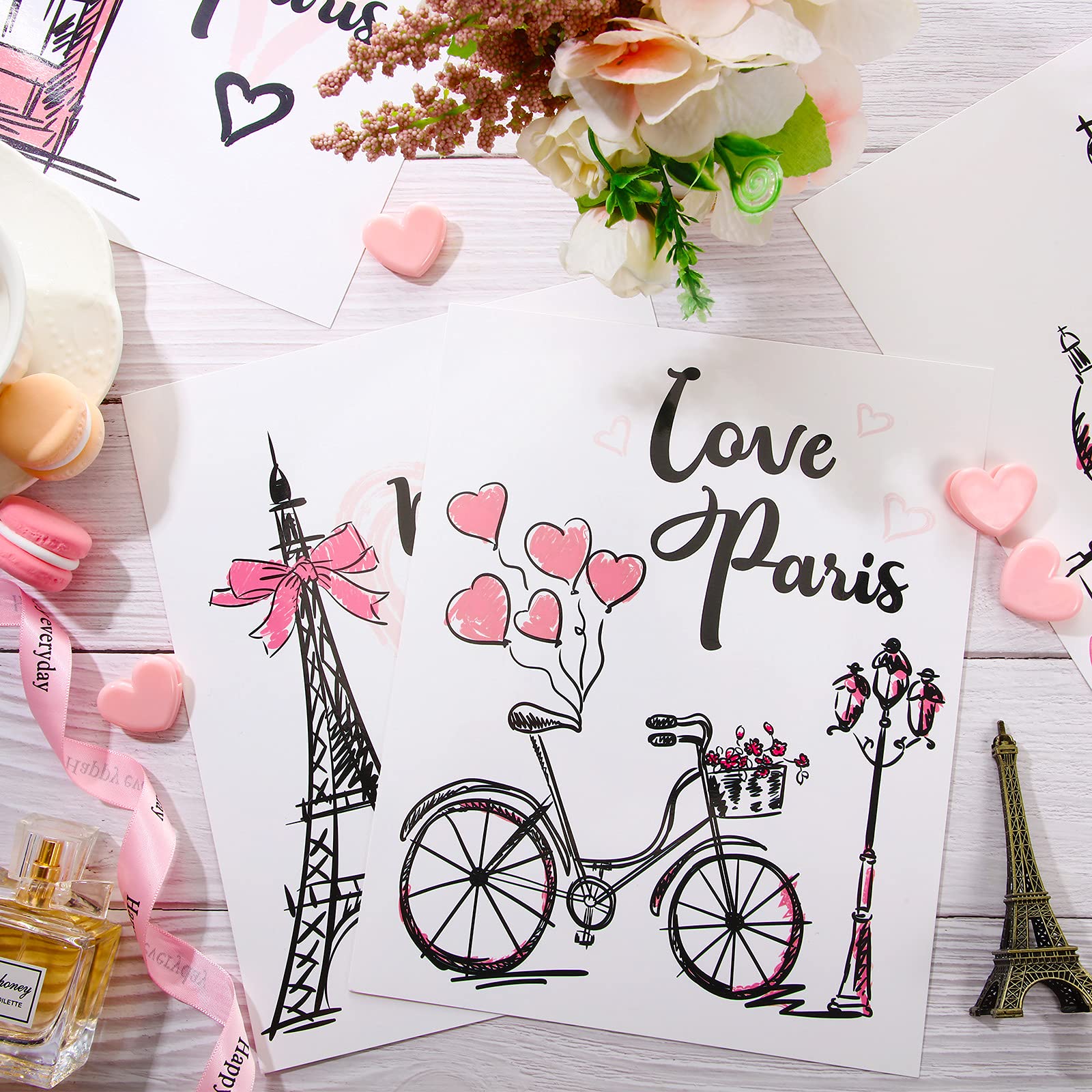 Outus 4-Piece Paris Wall Art Set - Pink Eiffel Tower Prints, Romantic Unframed Posters (8x10 Inch) for Bedroom, Living Room, Bathroom & Office Decor | Perfect for Girls' Rooms, French-Themed Home & Gift Ideas