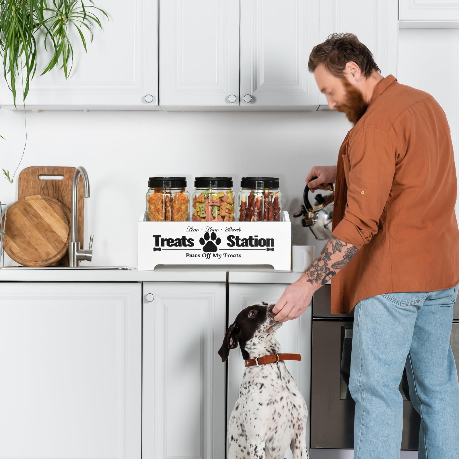 Farmhouse Style Dog & Cat Food Storage Container with 3 Plastic Jars - Airtight Pet Treat Organizer for Dog Treats, Cat Food & Kibble Storage - Perfect for Kitchen Counter, Pantry or Pet Feeding Station