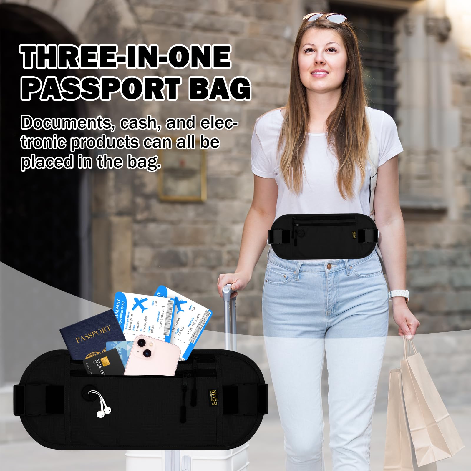 RFID Blocking Travel Money Belt - Hidden Passport Holder & Secure Wallet Pouch for Men & Women | Protects Cash, Credit Cards & Travel Documents (Black) | Perfect for Airports, Sightseeing & International Trips