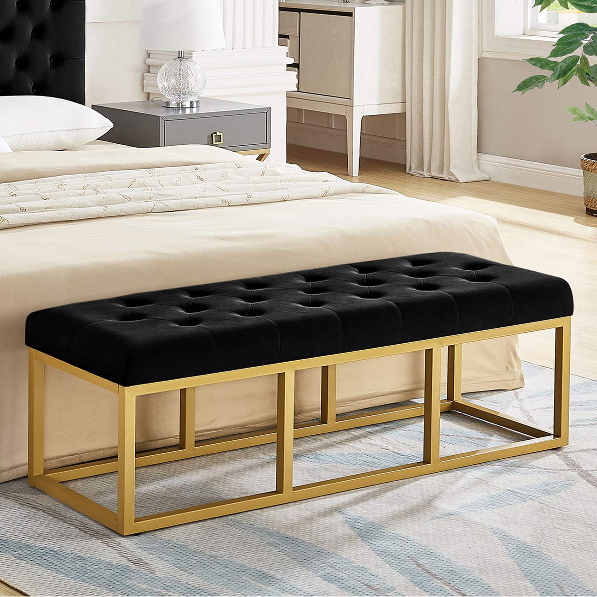 24K Gold Upholstered Tufted Long Bench with Golden Metal Legs - Black Velvet Padded Seat for Living Room, Bedroom, or Entryway - Stylish and Comfortable Seating Solution