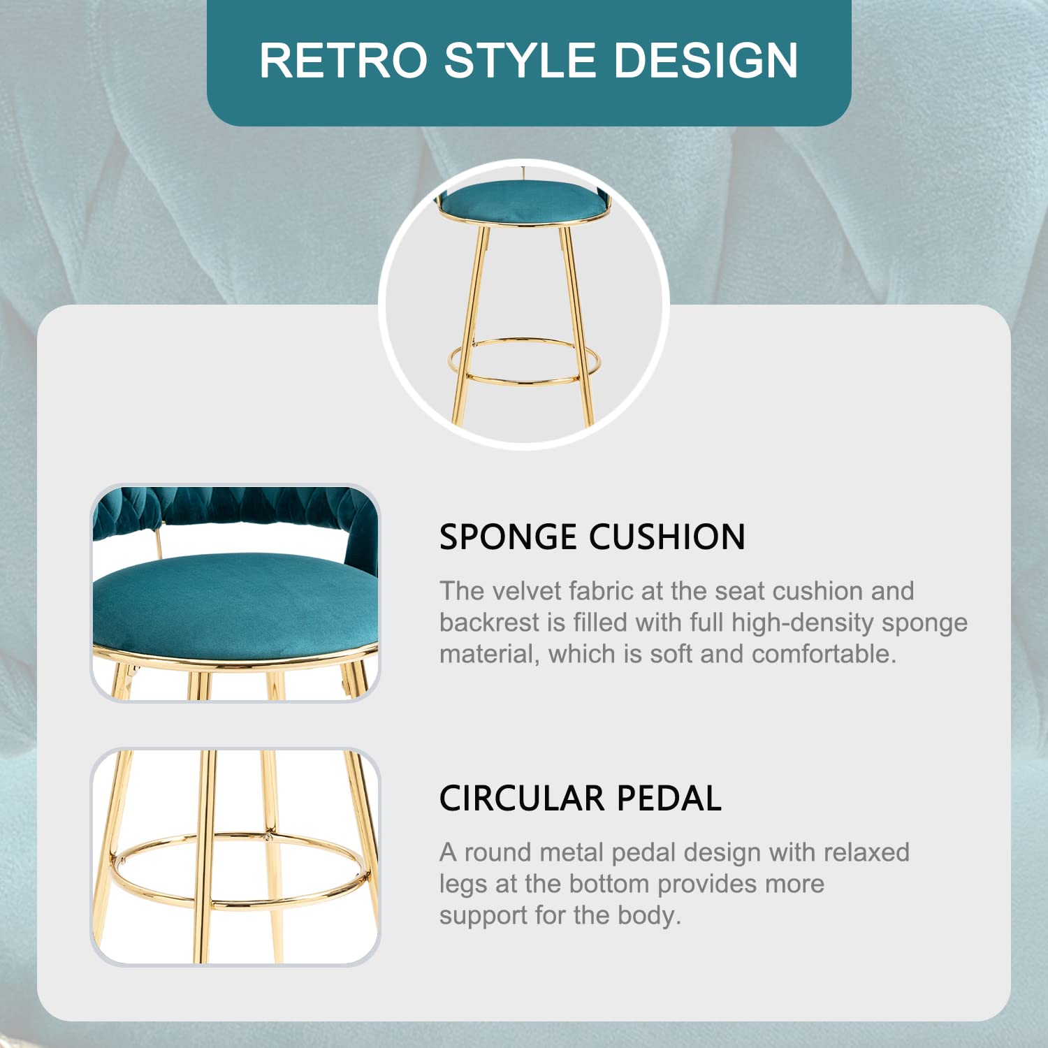 Velvet Modern Bar Stools with Woven Back & Gold Footrest - Counter Height Bar Chairs for Kitchen Island, Dining Room, Pub - Teal Velvet Upholstery - Perfect for Home Bars, Breakfast Nooks & Entertainment Areas
