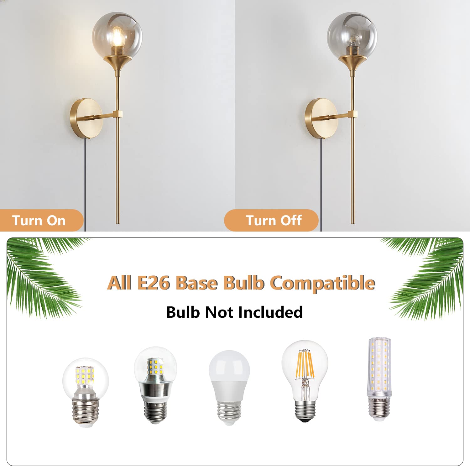Modern Plug-in Wall Sconces Set of 2 - Smoke Gray Glass Globe Mid-Century Industrial Gold Wall Lights with On/Off Switch & Long Arm - Perfect for Bedroom, Stairway, Hallway & Living Room Lighting