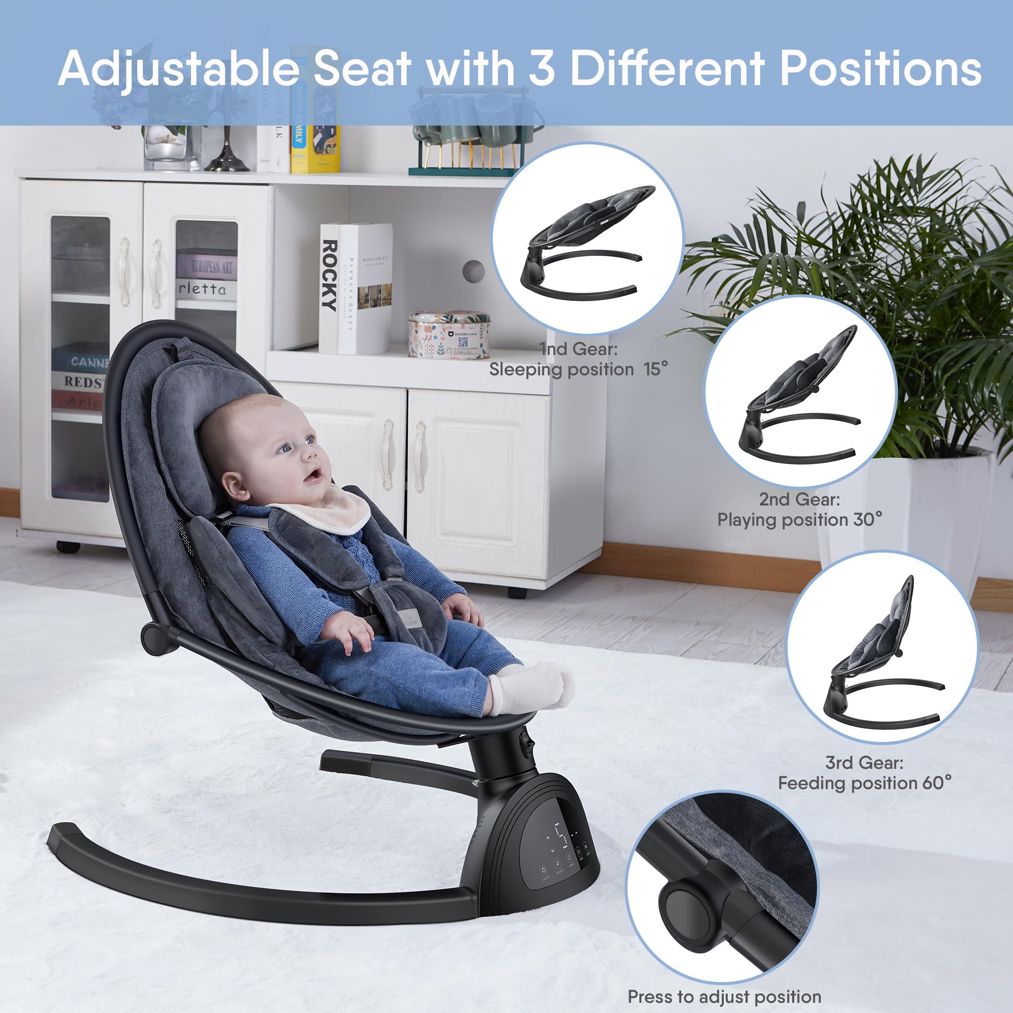 Baby Swing for Infants - Bluetooth Enabled Infant Swing with Music Speaker, 3 Adjustable Seat Positions, 5 Speed Settings & Remote Control - Portable Baby Rocker for Nursery, Travel, Indoor & Outdoor Use (Black)