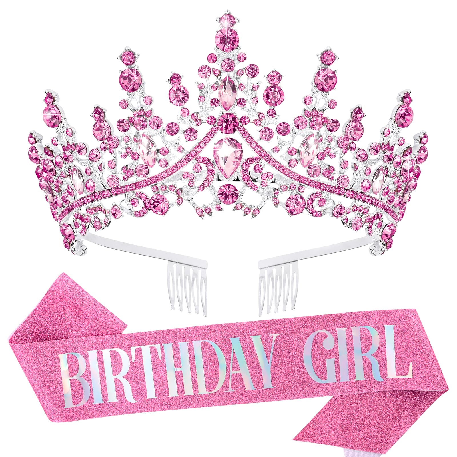 Pink Crystal Birthday Tiara Crown for Women & Girls - Elegant Princess Crown with Combs | Birthday Party Headband, Cake Topper & Hair Accessories | Perfect for Birthday Celebrations, Princess Themed Parties & Special Occasions