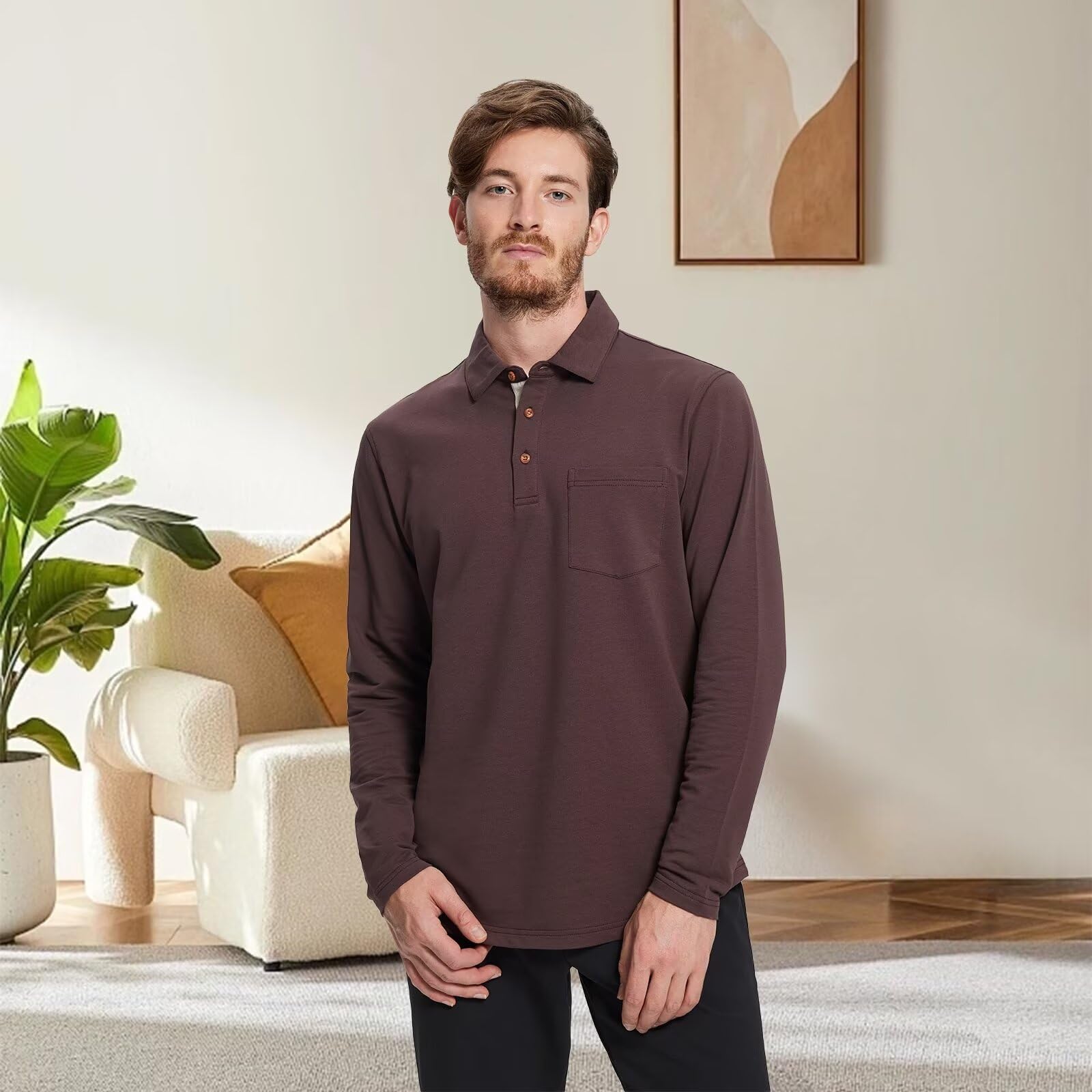 Men's Casual Cotton Blend Polo Shirts - Long & Short Sleeve with Pocket | Solid Color Drop Cut Collar Shirts for Work, Golf & Everyday Wear