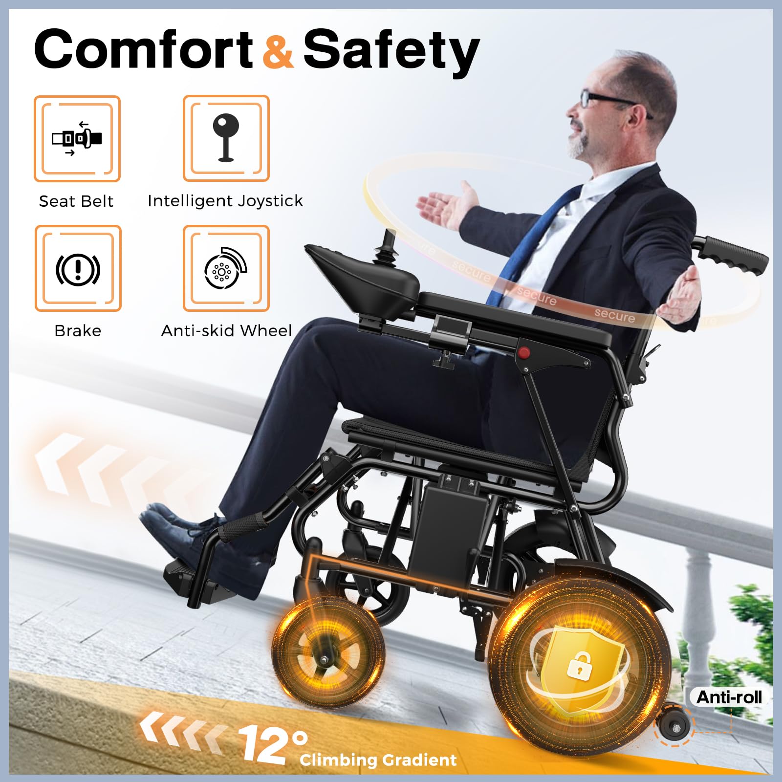 **Lightweight Foldable Electric Wheelchair for Adults - POWET Smart Motorized Wheelchair with Dual Motors, 15-Mile Range, All-Terrain Capability (Black) - Ideal for Indoor/Outdoor Use, Travel & Daily Mobility**