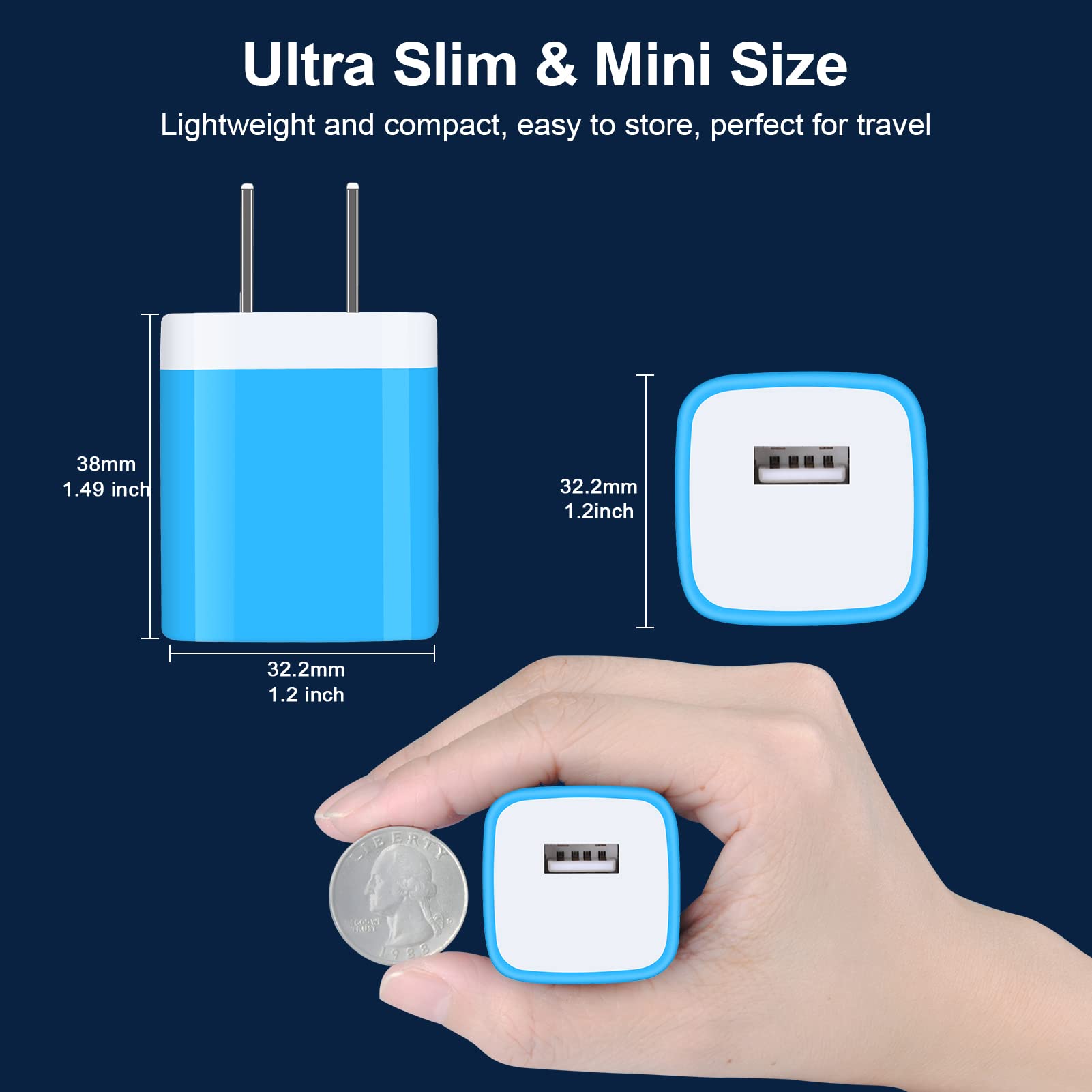 3-Pack Fast USB Wall Charger Block 5V/2.1A - Compatible with iPhone 15 14 13 12 11 Pro Max SE XR XS X, Samsung Galaxy S23 S22 A54 Note 20, LG, Google Pixel 8 - Quick Charging Cube Plug for Home, Office & Travel