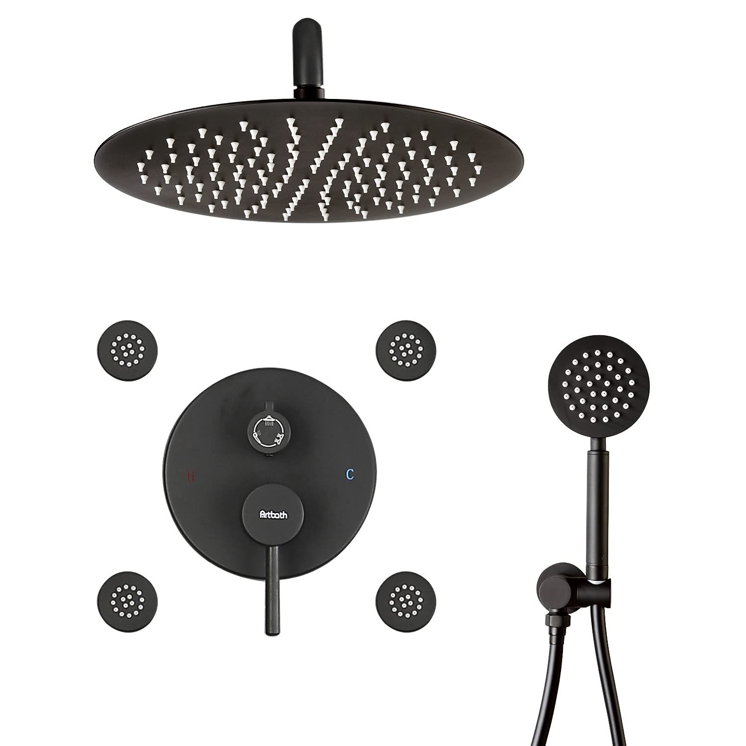 12 Inch Black Rain Shower System with 4 Body Jets - Wall Mount Shower Faucet Set & Full Body Spray Jets for Luxurious Spa-Like Bathroom Experience - Perfect for Master Bath, Guest Bath & Home Renovation
