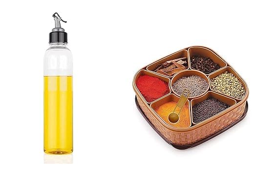 Premium Leak-Proof Kitchen Oil Dispenser Bottle with 7-Container Spice Box Combo (Pack of 2) - Perfect for Cooking, Baking & Meal Prep