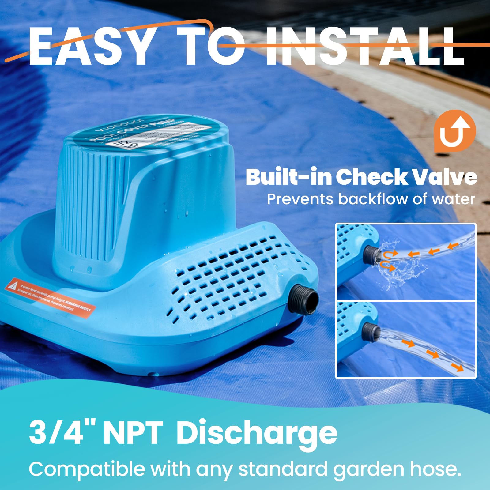 1/2 HP Automatic Pool Cover Pump - Submersible Sump Pump for Inground/Above Ground Pools - 2169 GPH Water Removal with 25ft Cord - Ideal for Swimming Pools, Ponds, Basements & Window Wells - Heavy Duty Water Drainage Solution for Home & Outdoor Use