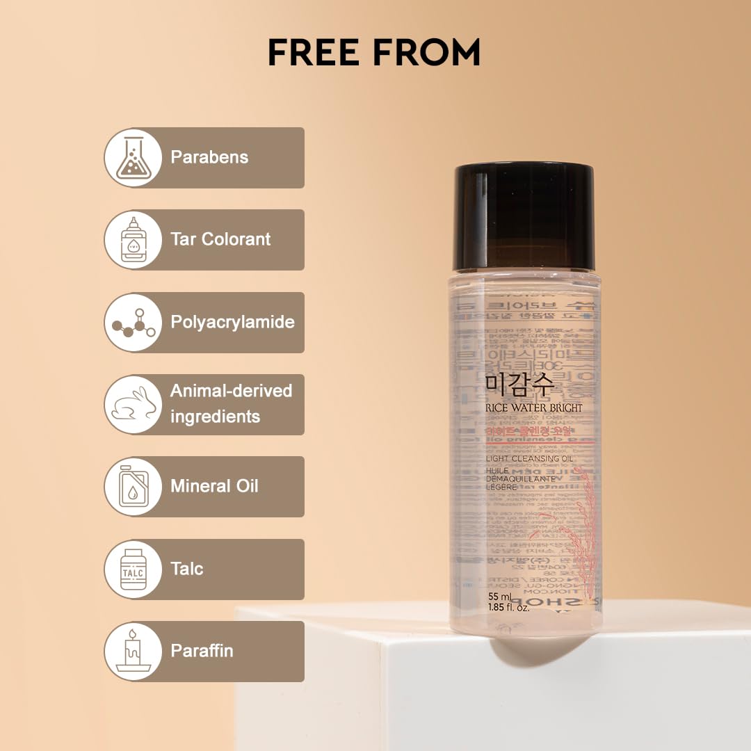 The Face Shop Rice Water Bright Light Cleansing Oil - Korean Makeup Remover for Face, Eyes & Lips | Gently Removes Waterproof Makeup & Brightens Skin with Rice Water Extract (55ml) | Perfect for Daily Skincare & Travel-Friendly Beauty Routine