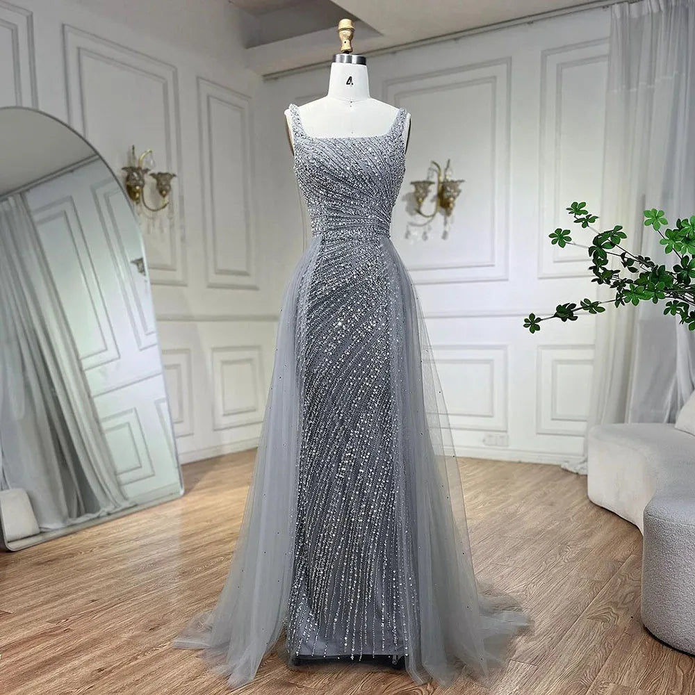 Elegant Silver Beaded Mermaid Evening Gown with Detachable Skirt - Luxury Arabic Party Dress for Women 2025 | Perfect for Weddings, Galas & Formal Events