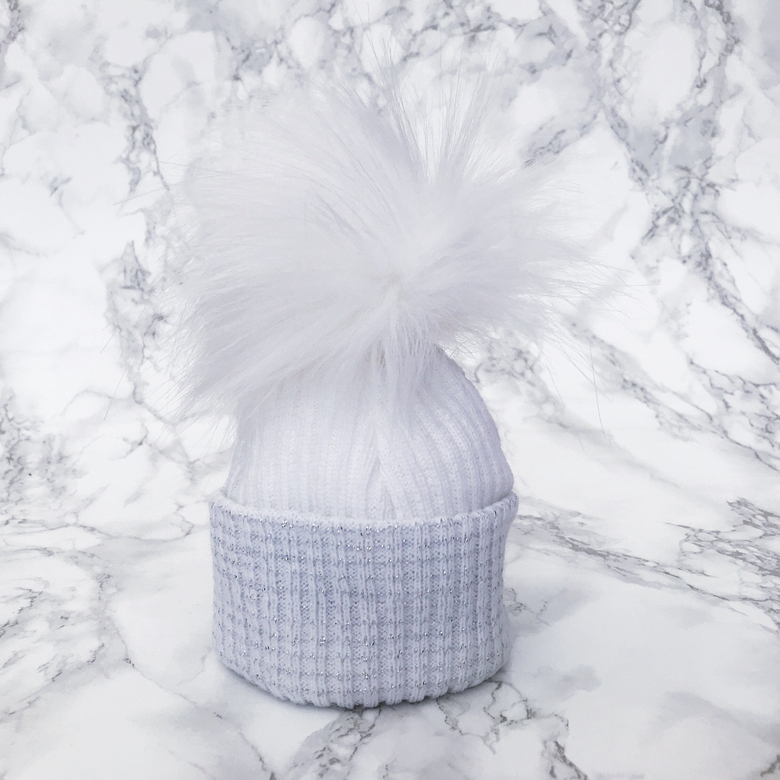 White & Silver Faux Fur Pom Pom Hat - Winter Beanie for Women, Soft Knit Warm Hat with Faux Fur Ball, Cute Cold Weather Accessory for Outdoor Activities, Snow Days & Fashion Outfits