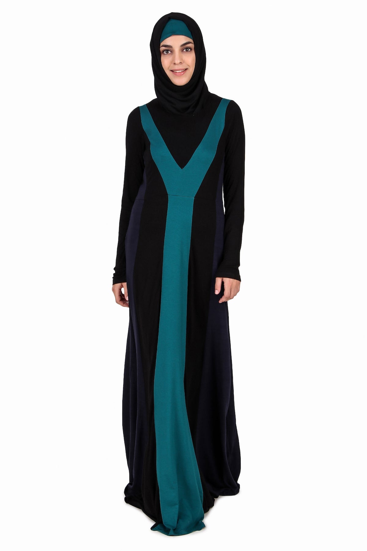 Colorblock Stripe Jersey Anarkali Abaya - Stylish Muslim Dress for Women, Elegant Long Sleeve Maxi Dress for Prayer, Eid, Wedding & Special Occasions