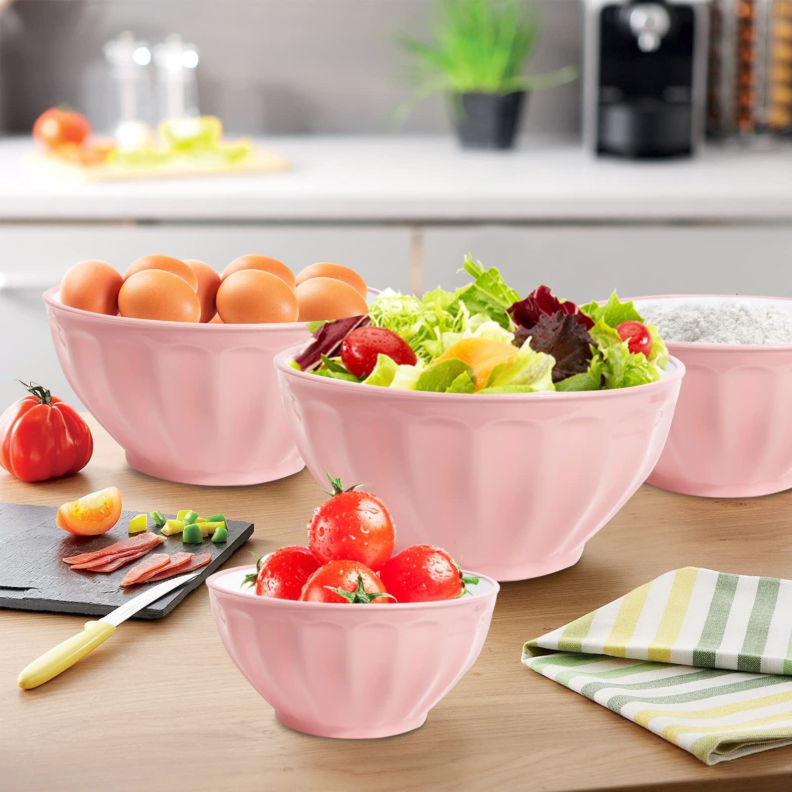 4-Piece Plastic Mixing Bowls Set with Lids - Large Nesting Microwave Safe Bowls & Egg Whisk for Baking, Cooking, Meal Prep - Perfect for Kitchen, Home Baking & Food Storage (Pink)