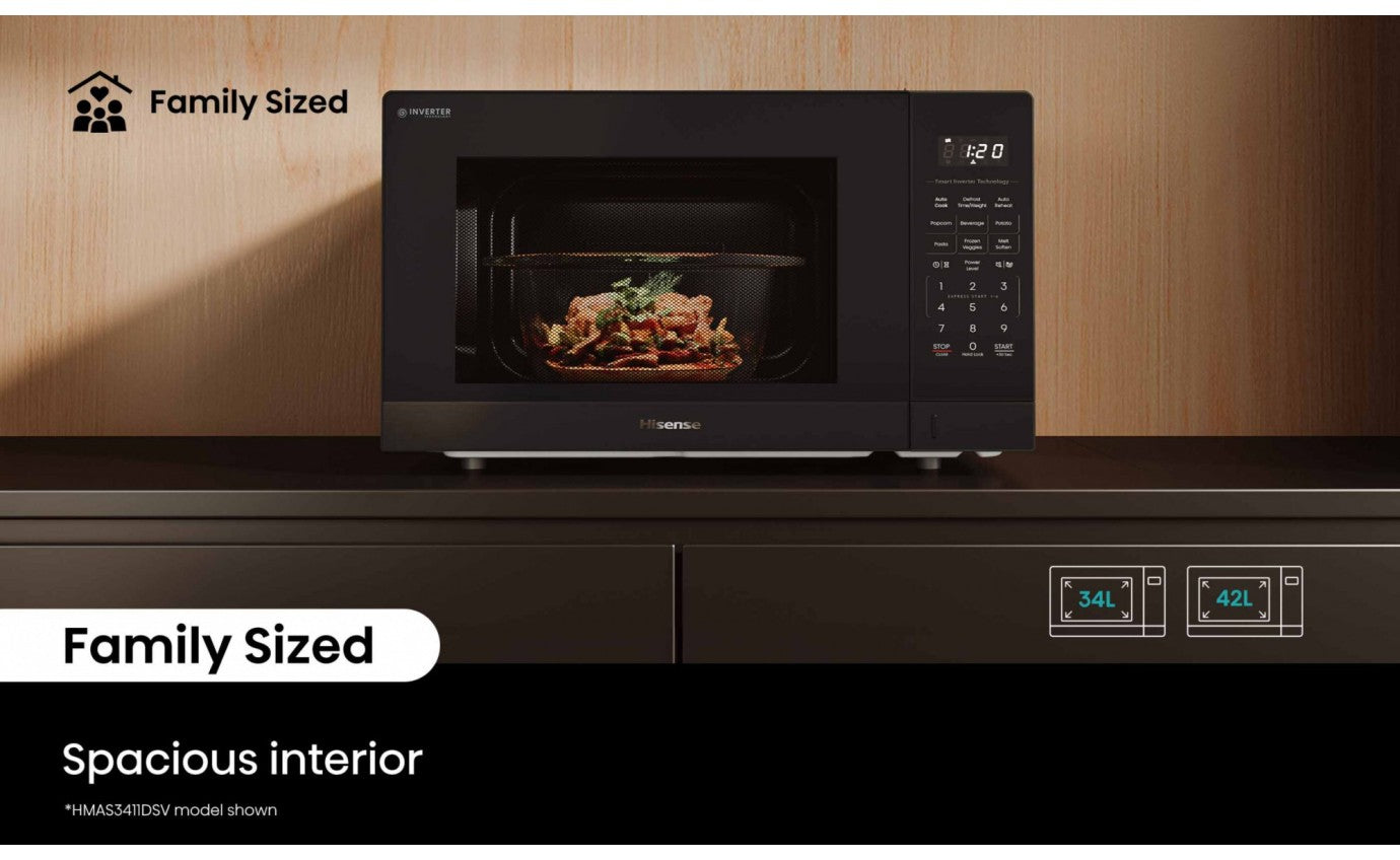 Hisense 42L 1100W Inverter Microwave Oven with Dark Stainless Steel Finish - HMAS4211DSV - Perfect for Kitchen, Dorm & Small Spaces - Fast, Even Cooking & Reheating