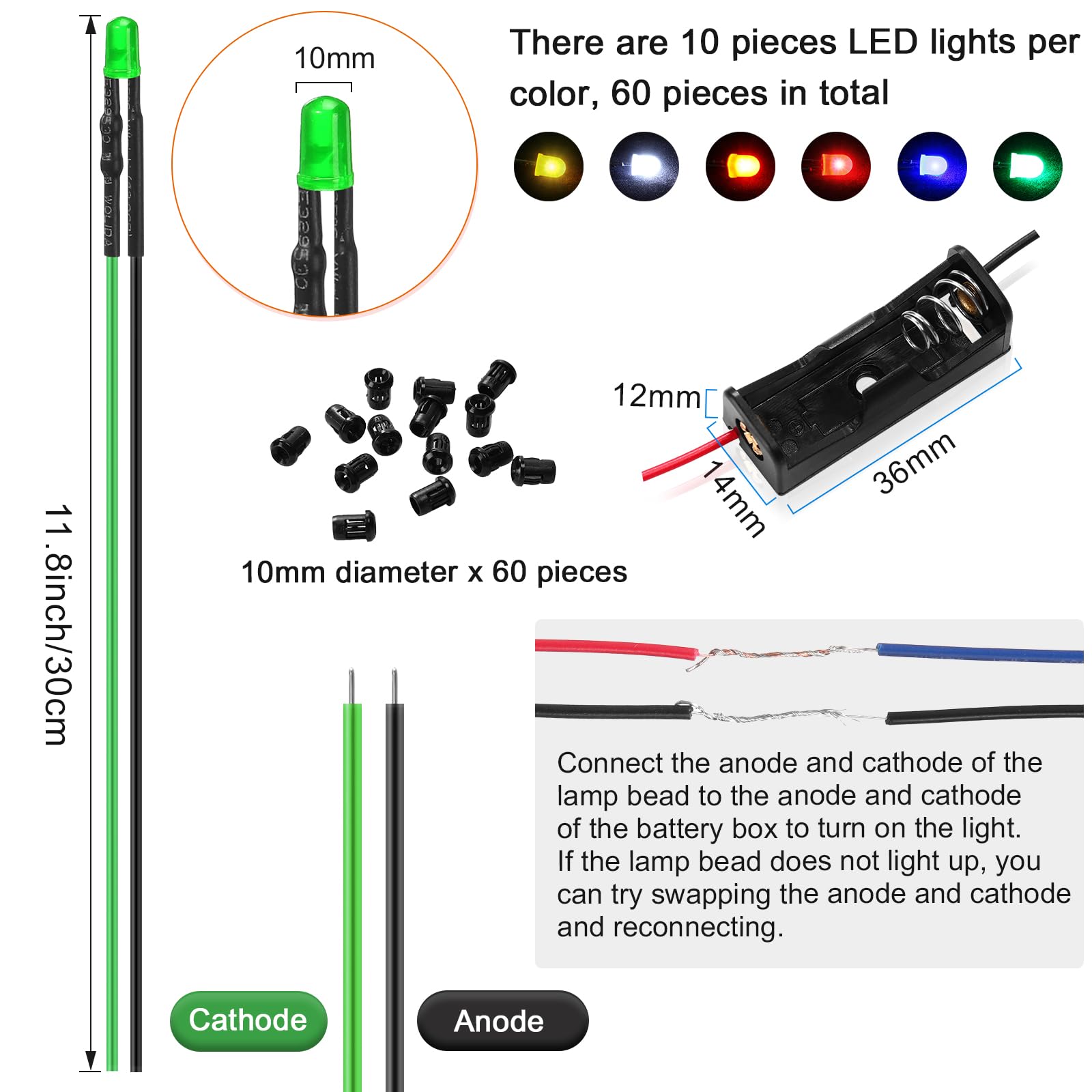 126 Pcs 12V LED Lights Kit - 60 Pre-Wired LED Diodes & 60 Plastic Holders with 6 Battery Holders for DIY Crafts, Model Making, Dollhouse Lighting (10mm) - Perfect for Home Decor, School Projects, and Miniature Lighting