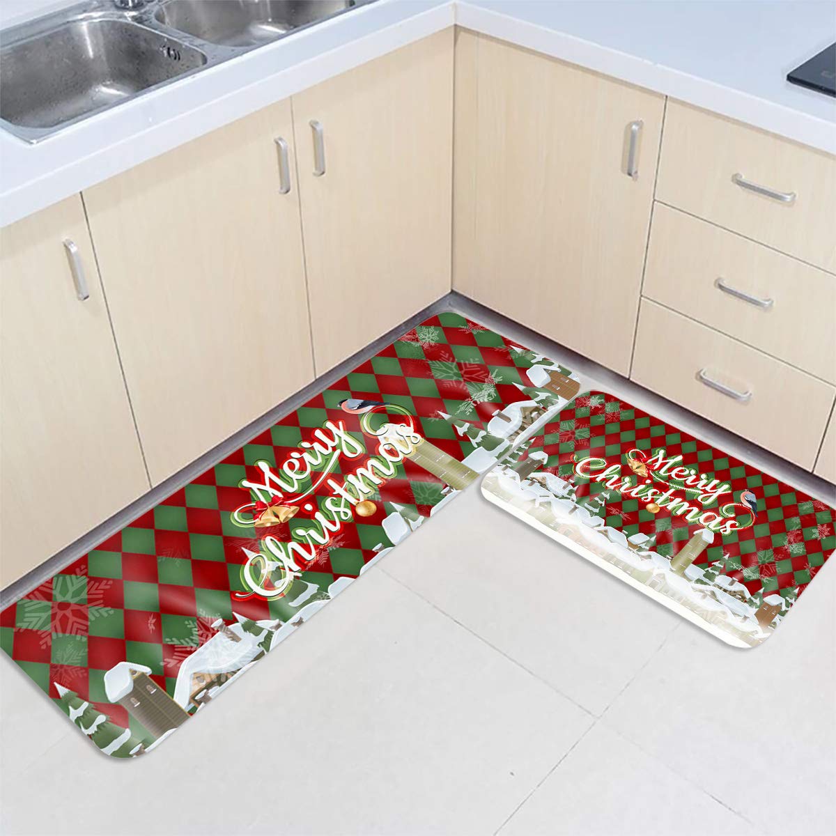 LooPoP Non-Slip Kitchen Rugs Set - 2-Piece Washable Anti-Fatigue Mats, Waterproof Christmas Plaid Design (Green/Red Snowfield Theme) - Perfect for Holiday Decor & Comfortable Standing in Kitchen